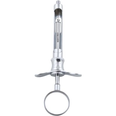 Silver medical syringe-like instrument with a finger ring, used for injections or aspiration.