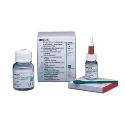 Dental impression material kit with bottles, a syringe, and a boxed component on a white background.