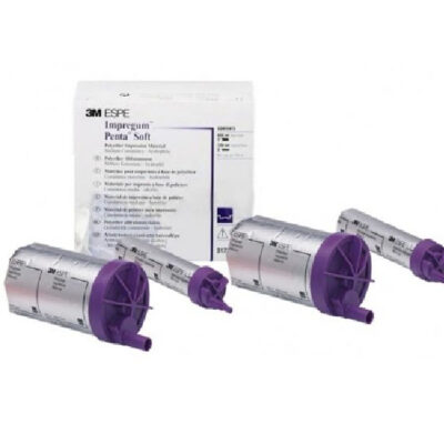 Set of purple-tipped dental impression material cartridges with a white 3M ESPE Imprint Penta Soft box in the background.