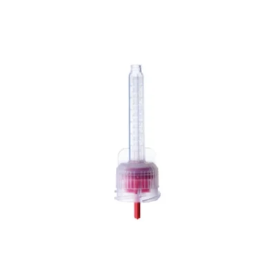 Medical syringe filled with red liquid, needle pointing downward, ready for injection.
