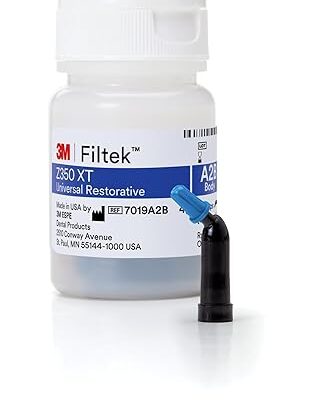 Small white bottle labeled 3M Filtek Z350 XT Universal Restorative with a blue-tipped dropper nearby on a white background.