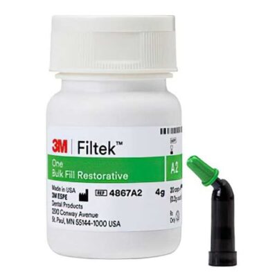 Plastic bottle of 3M Filtek One Bulk Fill Restorative dental material with a green label and a dispensing nozzle.
