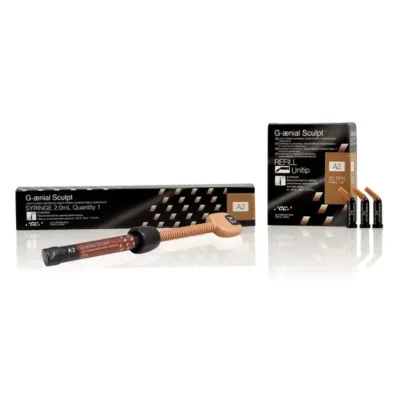 Dental composite kit featuring a brown A2 syringe and accompanying refill tips with black-and-orange packaging labeled G-aenial Sculpt (A2).