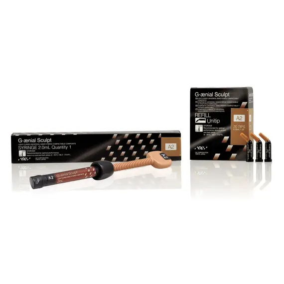 Dental composite kit featuring a brown A2 syringe and accompanying refill tips with black-and-orange packaging labeled G-aenial Sculpt (A2).