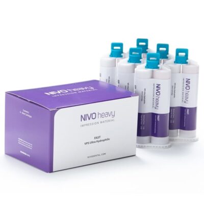 Purple and white NIVO heavy impression material box beside a row of white cartridges with blue tops.