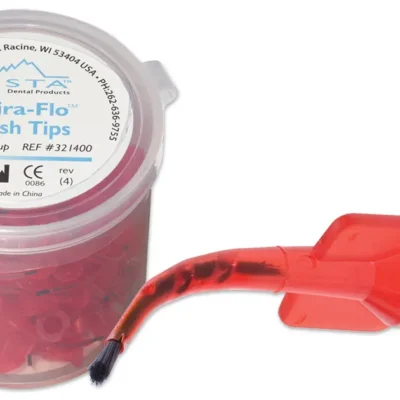 Container labeled Spira-Flo Brush Tips with red brush tips visible inside.