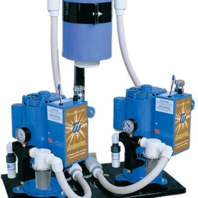 Twin blue pump units with white tubing on a black base and a central vertical reservoir above them, connected for a dual-pump system.