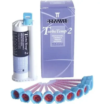 TurboTemp 2 provisional crown-and-bridge resin cartridge with mixing tips and a purple Danville Materials box.