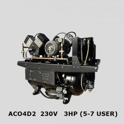 Industrial air compressor unit with two cylinder heads, gauges and hoses, labeled ACO4D2 230V 3HP (5-7 USER) on a gray background