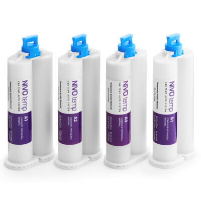 Four white printer ink cartridges with blue tops lined up in a row against a white background, purple labels visible on each.