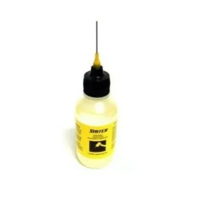 Dropper bottle with yellow liquid and a narrow needle nozzle atop a black cap, ready for precise dispensing